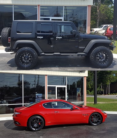 Jeep Wrangler with new tires and wheels installed and a red Maserati with new wheels installed